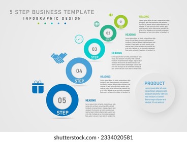 infographic 5 steps business multi colored circles number center Color icons on the left, letters on the right. The right corner button has a letter in the middle of the gray gradient background.