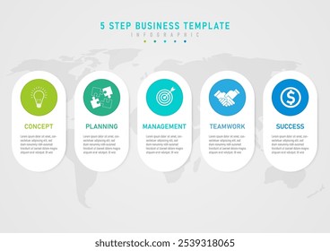 Infographic 5 steps business planning for success, white curved square with multi-colored circles on top and white icons. Below there is a message and a map on the back. gray gradient background