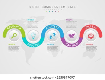 Infographic 5 steps business planning multi-colored curves There are letters above the gray circle button with an icon in the middle. Top and bottom have text. background map