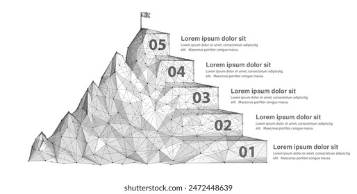 Infographic with 5 steps. Digital mountain. Step-by-step guide to digital success, 5-level business path, achieve level, solution strategy for achievement, technology career timeline, progress plan