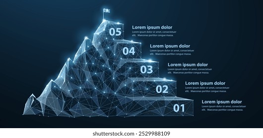 Infográfico com 5 passos. Montanha digital. Guia passo a passo para o sucesso digital, caminho de negócios de 5 níveis, atingir níveis, estratégia de solução para conquistas, cronograma de carreira de tecnologia, plano de progresso