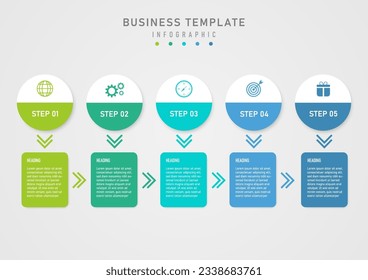 infographic 5 steps multi colored half circle business The white top has icons, the bottom has letters. Multi-colored squares below with letters in the middle. gray gradient background