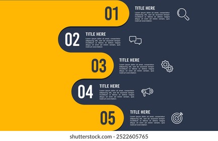 Infográfico 5 passos ou opções para o sucesso no fundo amarelo e preto. Marco, roteiro, cronograma, planejamento e apresentação dos negócios. Ilustração vetorial.