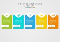 Infographic 5 Steps Success Business Plan Multiple Color Squares Center Lettering White Circle Above Center Color Icon White Acute Square Bottom With Letters Gray Gradient Background