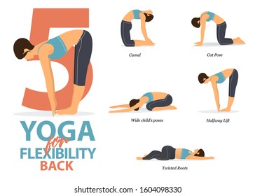 Infographic of 5 Yoga poses for back flexibility in flat design. Beautiful woman is doing exercise for body stretching. Set of yoga sequence Infographic.  Vector Illustration.