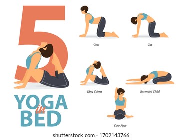 Infographic of 5 Yoga poses for Easy yoga at home in flat design. Beauty woman is doing exercise for body stretching. Set of yoga in bed  infographic . Vector Illustration.