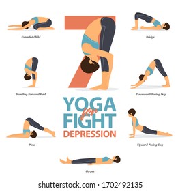 Infografía de 5 yoga postes para Easy yoga en casa en concepto de lucha por la depresión en diseño plano. La mujer de belleza está haciendo ejercicio para estirar el cuerpo. Conjunto de yoga en la infografía de casa . Vector de yoga.