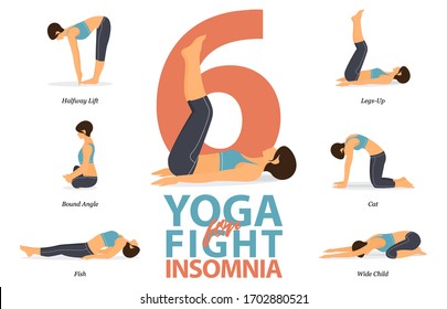 Infografía de 5 yoga postes para Easy yoga en casa en concepto de lucha por el insomnio en diseño plano. La mujer de belleza está haciendo ejercicio para estirar el cuerpo. Conjunto de yoga en la infografía de casa . Vector de yoga.