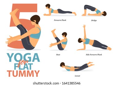 Infographic of 5 Yoga poses for flat tummy in flat design. Beauty woman is doing exercise for body stretching. Set of yoga sequence Infographic.  Cartoon Vector art and Illustration.