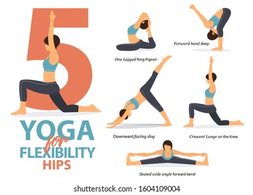 Infographic of 5 Yoga poses for hip flexibility in flat design. Beauty woman is doing exercise for body stretching. Set of yoga sequence Infographic.  Vector Illustration.