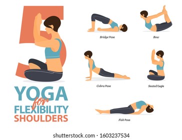 Infographic of 5 Yoga poses for shoulders flexibility in flat design. Beauty woman is doing exercise for body stretching. Set of yoga sequence Infographic.  Vector Illustration.