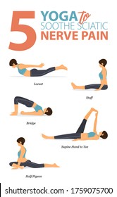 Infografía de 5 poses de yoga para entrenamiento en casa en concepto de yoga para calmar el dolor ciático en diseño plano. Mujer haciendo ejercicio para estirarse el cuerpo. Postura de yoga o asana para el fitness. Vector de caricaturas plano