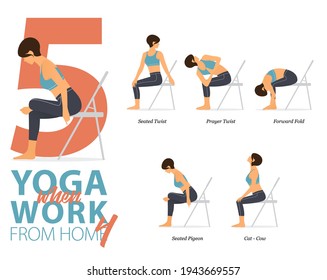 Infografía 5 Yoga posa para entrenamiento en casa en el concepto de trabajar en casa en diseño plano. Mujeres haciendo ejercicio para estirarse el cuerpo. Postura de yoga o asana para infografía de fitness. Vector de caricaturas plano.