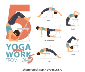 Infographic 5 Yoga poses for workout at home in concept of working at home in flat design. Women exercising for body stretching with yoga chair. Yoga posture or asana for fitness infographic. Vector.