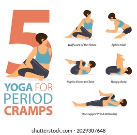 Infografía 5 Yoga posa para entrenamiento en casa en concepto de calambres de época en diseño plano. Mujeres haciendo ejercicio para estirarse el cuerpo. Postura de yoga o asana para infografía de fitness. Vector de caricaturas plano.