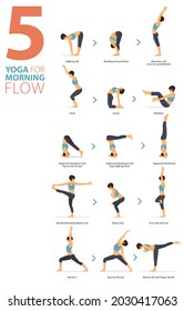 Infografía 5 Yoga posa para entrenamiento en casa en concepto de flujo matutino en diseño plano. Mujeres haciendo ejercicio para estirarse el cuerpo. Postura de yoga o asana para infografía de fitness. Vector de caricaturas plano.