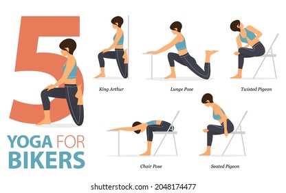 Infographic 5 Yoga poses for workout at home in concept of bikers in flat design. Women exercising for body stretching. Yoga posture or asana for fitness infographic. Flat Cartoon Vector Illustration.