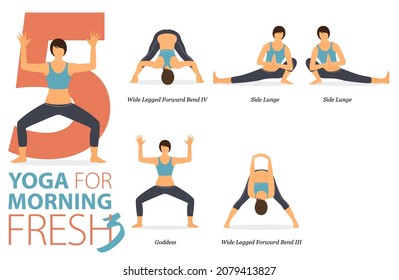 Infographic 5 Yoga poses for workout at home in concept of morning fresh in flat design. Women exercising for body stretching. Yoga posture or asana for fitness infographic. Flat Cartoon Vector.