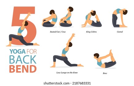 Infografía 5 Yoga posa para entrenamiento en casa en concepto de plegado en el diseño plano. Mujeres haciendo ejercicio para estirarse el cuerpo. Postura de yoga, asana para infografía de fitness. Ilustración de vectores de caricatura plana