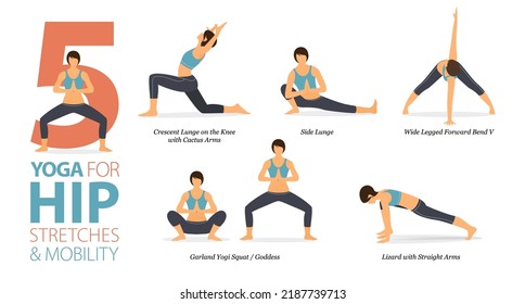 Infographic 5 Yoga poses for workout at home in concept of hip stretch in flat design. Women exercising for body stretching. Yoga posture, asana for fitness infographic. Flat Cartoon Vector.