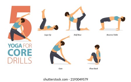 Infografik 5 Yoga stellt für das Training zu Hause im Konzept der Kernbohrungen im flachen Design. Frauen, die sich für den Körper Stretching. Yoga Haltung oder Asana für Fitness Infografik. Flacher Cartoon-Vektorgrafik.