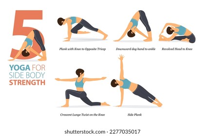 Infografía 5 Yoga posa para entrenamiento en casa en concepto de fuerza lateral en diseño plano. Mujeres haciendo ejercicio para estirarse el cuerpo. Postura de yoga o asana para infografía de fitness. Vector de caricaturas plano.