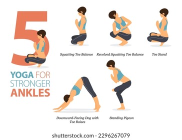 Infographic 5 Yoga poses for workout at home in concept of Stronger Ankles in flat design. Women exercising for body stretching. Yoga posture or asana for fitness infographic. Flat Cartoon Vector.