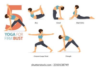 Infografía 5 Yoga posa para entrenamiento en casa en concepto de busto Firm en diseño plano. Mujeres haciendo ejercicio para estirarse el cuerpo. Postura de yoga o asana para infografía de fitness. Ilustración de vectores planos