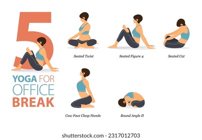 Infographic 5 Yoga poses for workout at home in concept of office break in flat design. Women exercising for body stretching. Yoga posture or asana for fitness infographic. Cartoon Vector Illustration