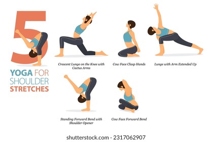 Infographic 5 Yoga poses for workout at home in concept of shoulder stretches in flat design. Women exercising for body stretching. Yoga posture or asana for fitness infographic. Flat Cartoon Vector.