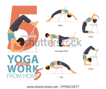 Infographic 5 Yoga poses for workout at home in concept of working at home in flat design. Women exercising for body stretching with yoga chair. Yoga posture or asana for fitness infographic. Vector.