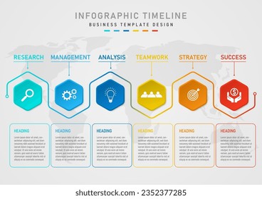 infographic 6 business planning process for success Multi-colored hexagons placed next to each other. The upper and lower outer outline icons have letters and a map below. gray gradient background
