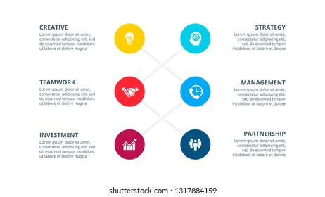 Infographic with 6 circle elements can be used for timeline or process chart. Steps presentation.