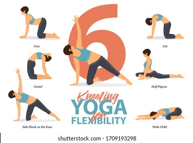 Infographic of 6 Kneeling Yoga poses for Easy yoga at home in concept of flexibility in flat design. Beauty woman is doing exercise for body stretching. Set of yoga at home infographic . Yoga Vector.