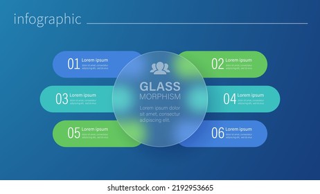 Infographic for 6 options, vector gradient design with realistic frosted glass, glassmorphism effect