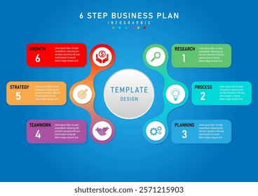 Infographic 6 step business planning template Center circle button with white outer circle There is an icon in the middle of a multi-colored square, on the left and on the right there is text.