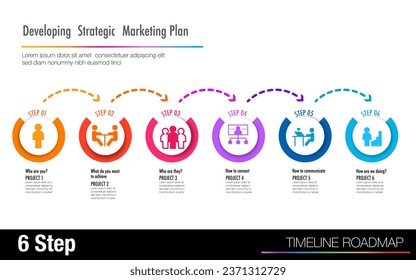 Infographic 6 step develop marketing strategic plan and road map for business chart to present data, progress, direction, clean design