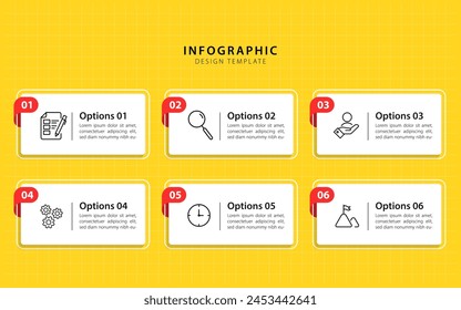 Infographic. 6 Step timeline journey, Flat simple infographics design template. presentation graph. Business concept with numbers 6 options or steps on yellow background vector illustration.