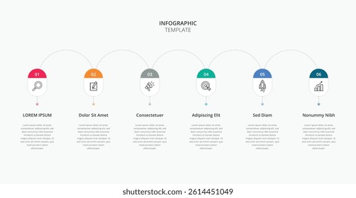 Infographic 6 Step timeline journey. Presentation graph, flat simple infographics design template. Clean timeline infographic design template with 6 options. Vector for presentation