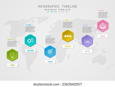 Infographic 6 steps business options hexagonal multi-colored line in the middle with icons, lines and dots in between, bottom square with letters on top, map text on bottom, gray gradient background.