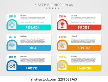 infographic 6 steps business plan success bright multi colored squares Several icons below on the button and gray gradient background. Design for marketing, project, finance, product, template.