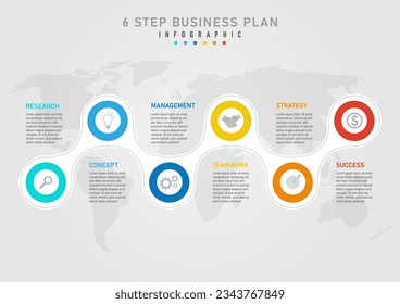 infographic 6 steps business plan to success template multi colored circles and white circle in center with gray icons letters above and below Map below with a gray gradient background.