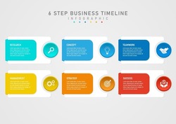 Infographic 6 Steps Business Planning For Success Template Multi Colored Squares The Center Text Is On A White Square. On The Right Side There Is A Multi-colored Circle With A White Icon In The Middle