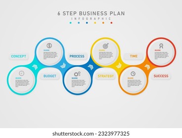 Infographic 6 Steps to Successful Business Plan Multi colored metaballs lined up The circular button in the center has an icon with a letter. direction arrow Square button and colored letters above.