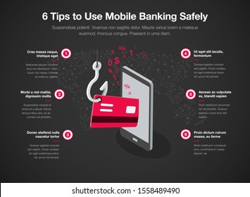Infographic for 6 tips to use mobile banking safely with smart phone red credit card and fishing hook, isolated on dark background. Easy to use for your website or presentation.