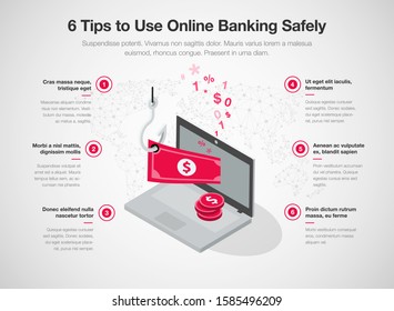 Infographic for 6 tips to use online banking safely with laptop, red banknote and fishing hook, isolated on light background. Easy to use for your website or presentation.