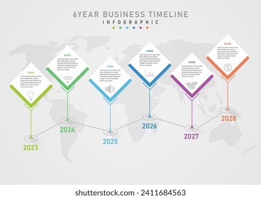 Infografik 6-jährige Timeline weißes quadratisches Geschäftsplanungs-Template Text Nachricht über dem grauen Symbol unter dem Kreis mit einer Zeile unten hat die Jahreszahl Karte hinter einem grauen Farbverlauf-Hintergrund.