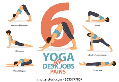 Infographic of 6 Yoga poses for desk jobs pains in flat design. Beauty woman is doing exercise for body stretching. Set of yoga sequence Infographic.  Cartoon Vector art and Illustration.