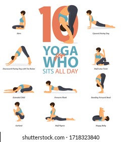 Infographic of 6 Yoga poses for Yoga at home in concept of yoga for who sit all day in flat design. Woman is doing exercise for body stretching. Set of yoga posture or asana infographic. Vector.