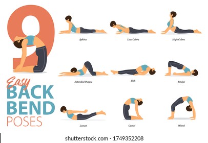 Infographic of 6 Yoga poses for yoga at home in concept of easy back bend in flat design. Woman exercising for body stretching. Yoga posture, asana for fitness infographic. Cartoon Vector Illustration